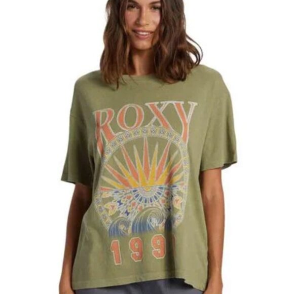 Roxy Women's Surfs Up Short Sleeve T-Shirt in Oil Green size S NWT - Picture 1 of 6